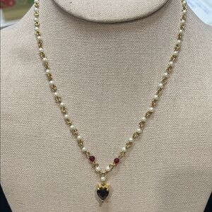 Pearl and Goldtone necklace with red beads and Red Heart Pendant